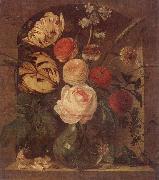 unknow artist Still life of various flowers in a glass vase,set in a niche oil on canvas